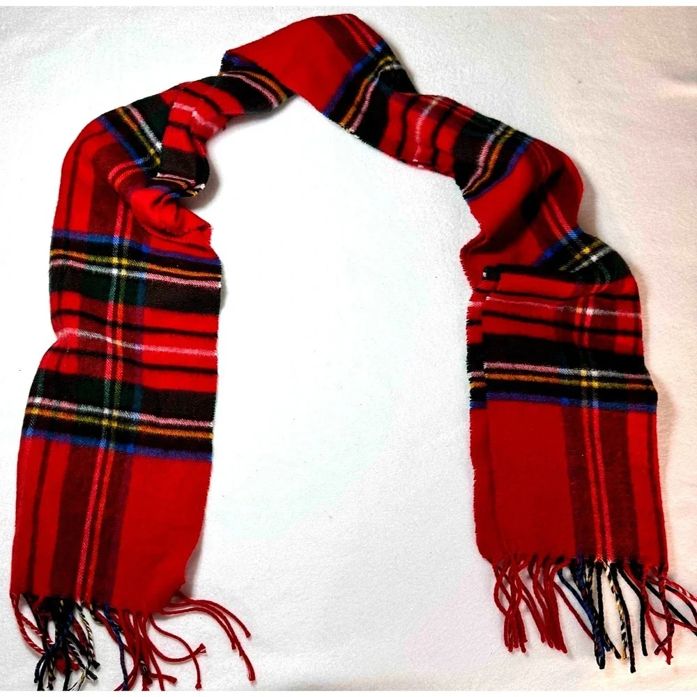 V Fraas Cashmink Scarf Red Tartan Plaid Made in West Germany Fringe Soft Vintage